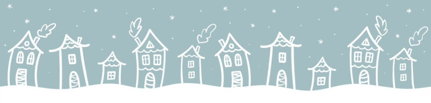 Cute hand drawn seamless doodle houses, christmas town with snowflakes and decorated houses, great for banners, wallpapers, invitations - vector design