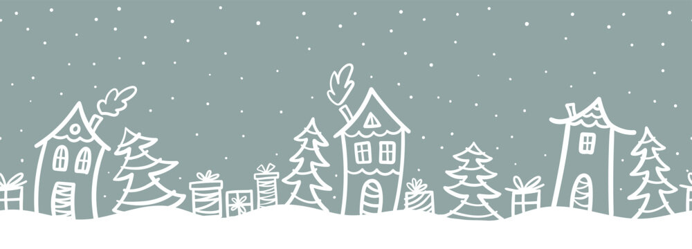 Cute hand drawn seamless doodle houses, christmas trees with stars and decorated houses, great for banners, wallpapers, invitations - vector design