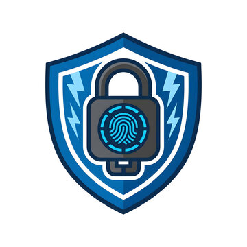 Cyber security shield icon with biometric fingerprint padlock