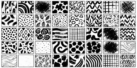 Fototapeta premium Diverse Hand Drawn Black And White Textures In Grid Layout With Isolated Squares Showing Organic And Geometric Patterns