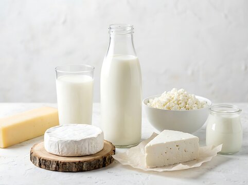 Selection of fresh dairy products including cheese, milk, cottage cheese and yogurt arranged on white table for healthy eating.