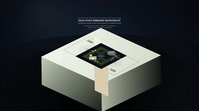 3D animation of an Intelligent Banknote Neutralization System activating during a security breach, dispersing indelible red dye through capillary cellulose fibers to neutralize a stack of 500 bills