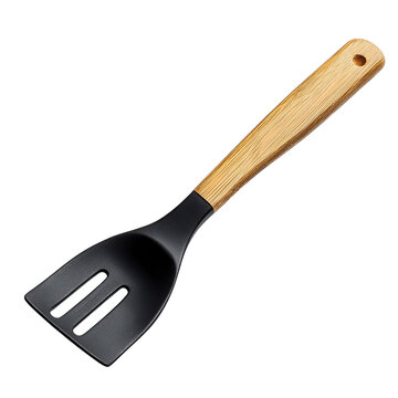 Wooden handle black slotted spatula, kitchen turner utensil, cooking tool for frying and flipping in home cookware isolated on Transparent Background