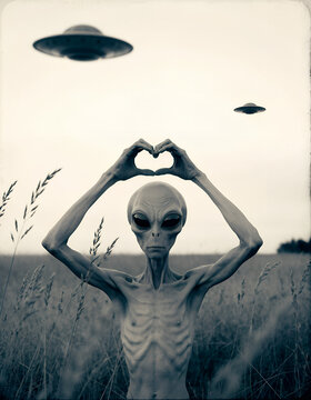 
A sepia-toned photograph of a grey alien standing in a field of tall grass, making a heart shape with its hands above its head. Two flying saucers are visible in the hazy sky in the background