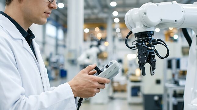 Industrial researcher in white lab coat uses manual controller unit to calibrate movements of automated robotic arm manipulator inside modern factory facility.