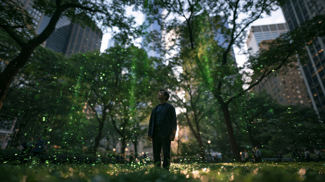 Businessman in Urban Park with Glowing Green Tech Particles
