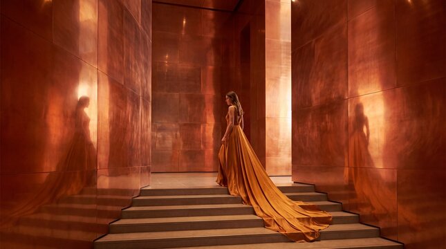 Woman in Elegant Long Evening Gown on Grand Staircase