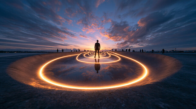 Silhouette of Person Standing Inside Glowing Circles at Sunset