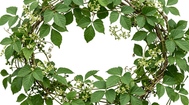 Grapes vine with green leaves and small white flowers and dark berries forming a circular frame PNG Isolated on transparent background