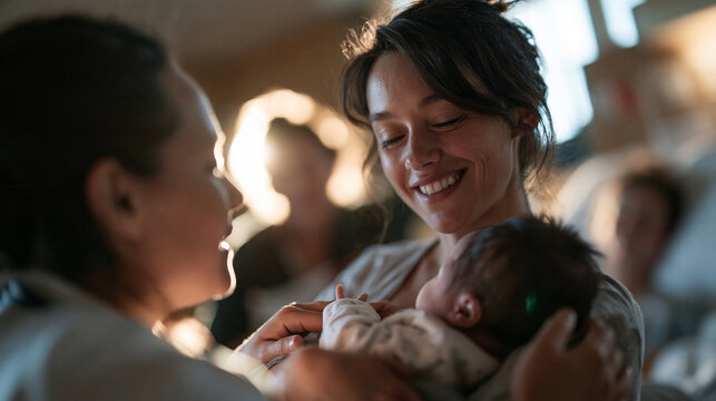 Happy Mother Holding Newborn Baby in Hospital Room