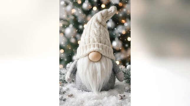 A knitted gnome figure with a long white beard sits in artificial snow