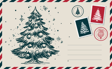 Fototapeta premium Christmas and New Year postcard with tree, hand drawn 