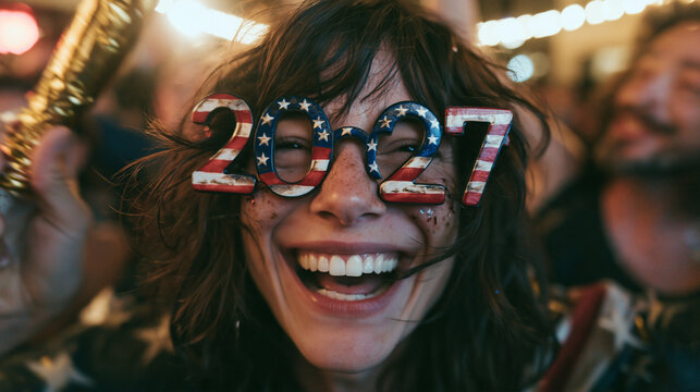 Excited Woman Celebrating New Year Wearing 2027 Glasses
