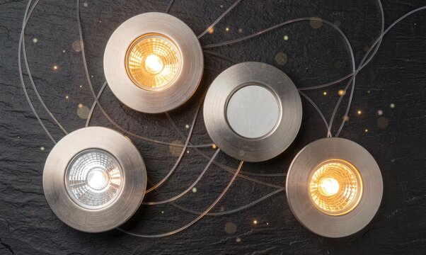 Four round metal fixtures with glowing bulbs on slate