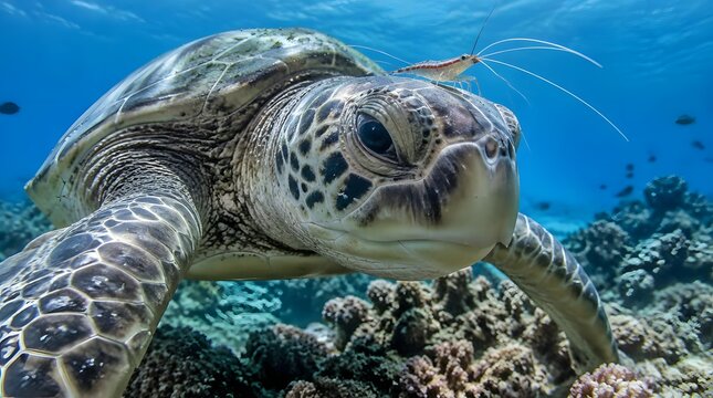 Green sea turtle with small shrimp swimming near a coral reef