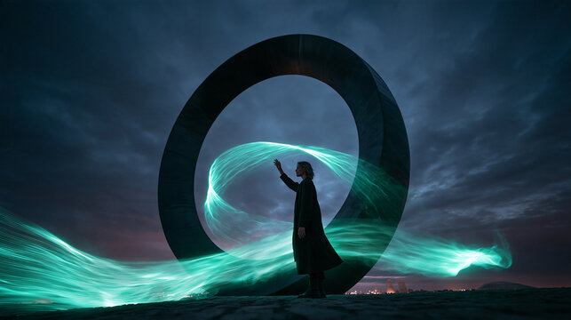Silhouette Standing by Giant Ring Sculpture with Glowing Light Painting