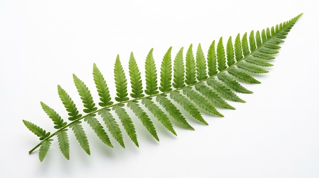 Single vibrant green fern frond leaf with detailed leaflets isolated on a clean white background