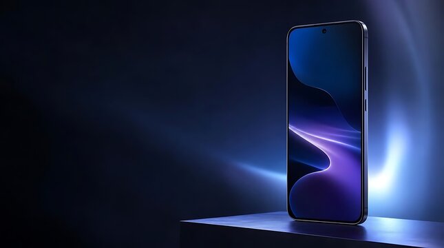 Sleek modern smartphone standing upright on a dark surface against a dramatic abstract blue glowing light background, perfect for tech mockups
