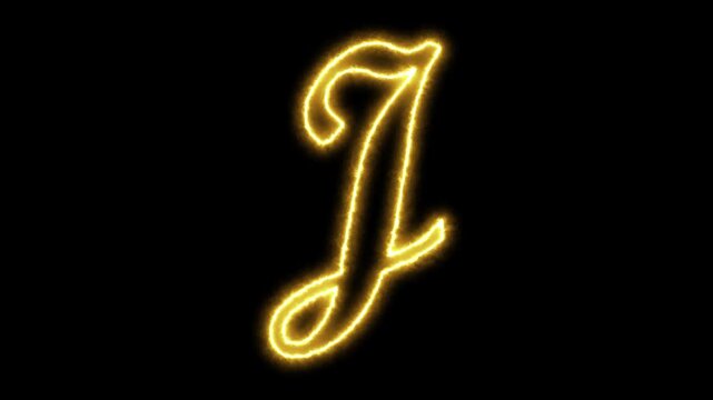 Glowing neon letter j animation, golden electric energy alphabet character on black background