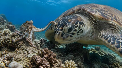 Fototapeta premium Sea turtle and octopus interacting on a vibrant coral reef underwater