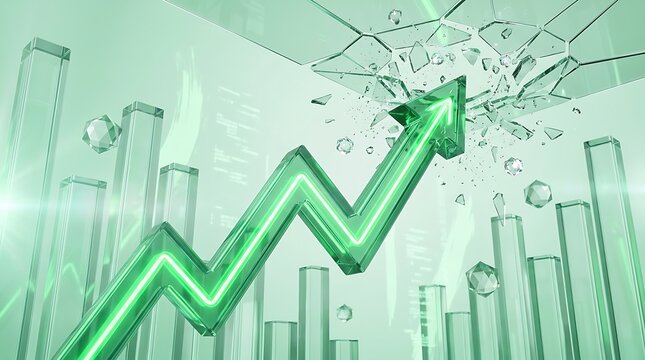 Green arrow graph breaks through glass ceiling representing financial success and business growth breaking barriers in market economy.