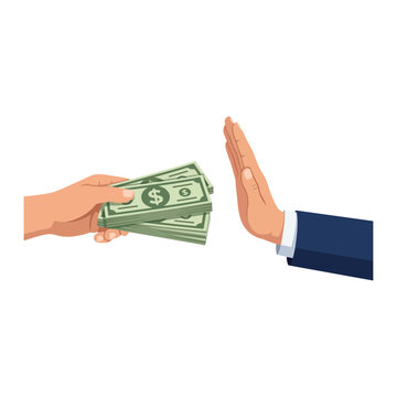 Hand offering cash money bribe while businessman shows stop gesture