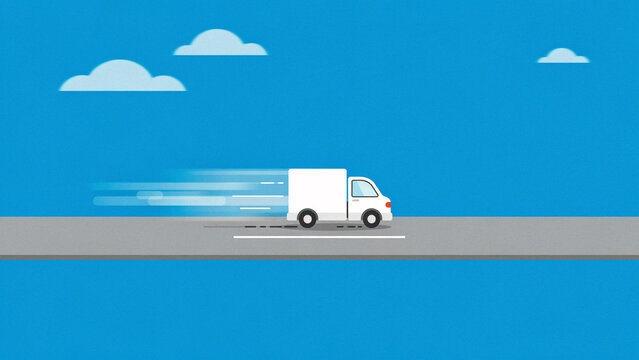 White delivery van moving fast on road under blue sky with fluffy clouds delivery service cargo van delivery transport logistics shipping transportation business