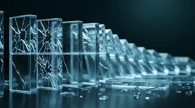 Domino effect of cracking glass blocks falling down in line symbolizing chain reaction collapse financial crisis or risk management failure.