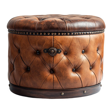 Vintage tufted leather ottoman, round brown footstool with studded trim and button detailing, classic home decor furniture isolated on Transparent Background