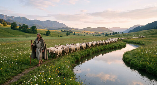 Psalm 23 Shepherd Leading Sheep Beside Still Waters, Biblical Illustration of Peace, Guidance, and God's Care
