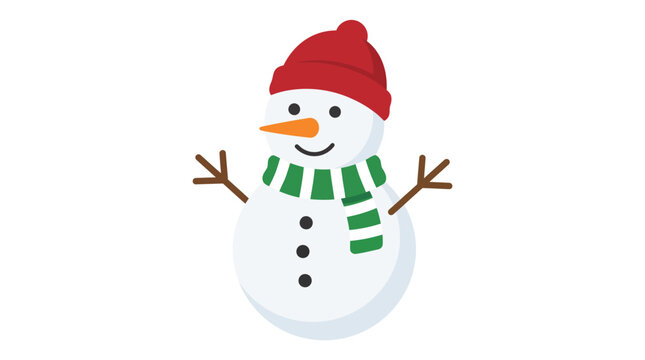Cute Christmas snowman vector illustration, happy winter character with red hat and green scarf, festive holiday snowman icon on white background