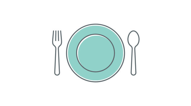 Minimalist vector illustration of turquoise dinner plate with simple fork and spoon for restaurant design