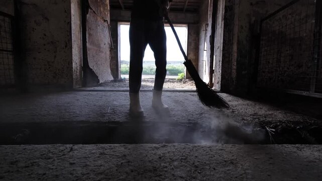 Farm worker sweeping dusty barn floor, cleaning animal enclosure in morning light