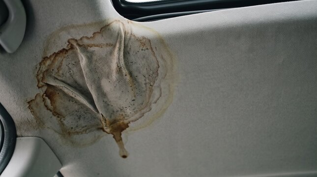 Car roof water leak damage. Brown stain and sagging fabric on interior ceiling headliner