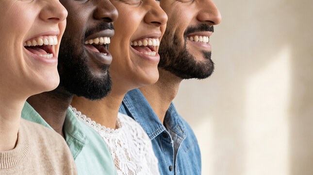 Close Up Profile View of Diverse Group of Multiethnic People Laughing Together with Copyspace, Concept of Dental Health, Happy Friends, Unity, Diversity, Inclusion, and Teamwork
