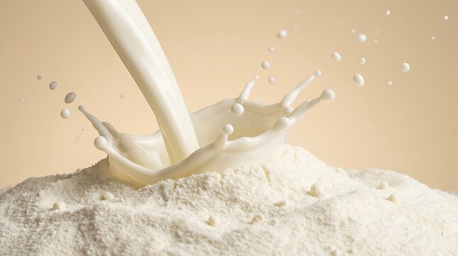 Milk powder with milk pouring creating splash and droplets, highlighting creamy texture and dairy product freshness for food and beverage advertising.