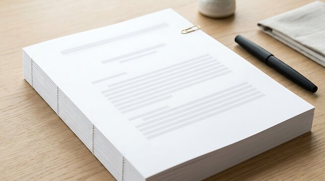 Stack of white paper documents with a metal clip and black pen on a wooden office desk surface. thesis formatting guide