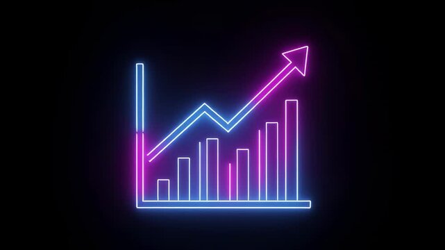 Neon bar chart growing with upward arrow during dark background symbolizing financial progress and data analysis