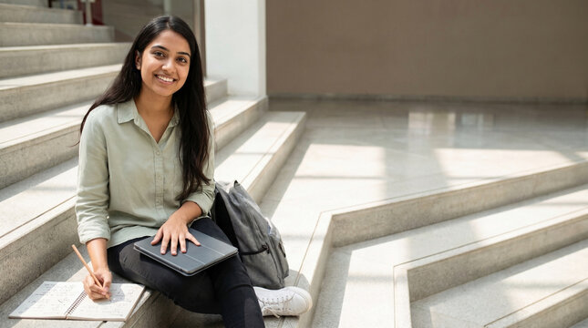 Smiling Indian Female Student Sitting on Campus Stairs Writing in Notebook and Holding Digital Tablet with Backpack and Copy Space, Concept of University Education and Studying