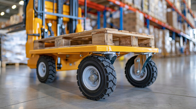 Yellow industrial cart moving across a polished warehouse floor, heavy-duty steel caster wheels with black rubber tires rolling smoothly beneath the metal frame, organized storage racks and pallets 