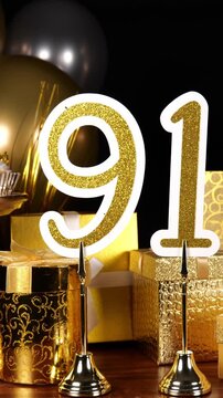 Gold Number 91 with Silver Glitter Sparkles with Gifts and Balloons and Cupcakes for Party Ninety One