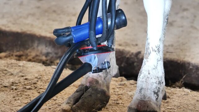 Dairy cow being milked by automated machine, modern milk production