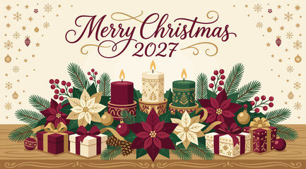 Obraz premium Merry christmas 2027 festive greeting card with candles, poinsettia flowers, pine branches, and gift boxes on a wooden table