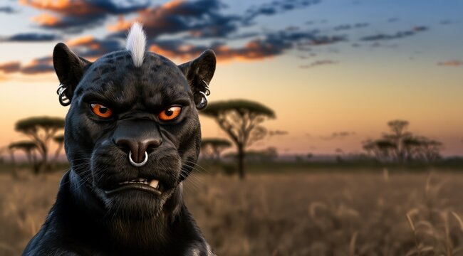 Une panth&egrave;re noire, le visage grincheux et mena&ccedil;ant arborant une cr&ecirc;te iroquoise blanche, un anneau dans la cloison nasale et des boucles d'oreilles, dans la savane africaine au coucher du soleil.