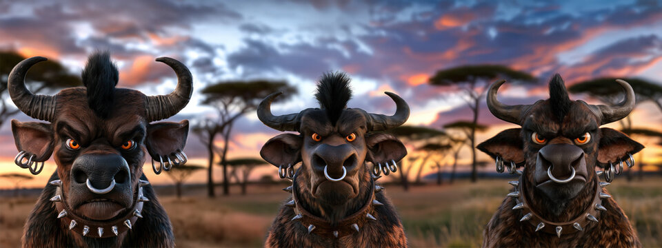 Trois buffles grincheux en col&egrave;re dans la savane avec des cr&ecirc;tes sur la t&ecirc;te, des boucles dans la cloison nasale, des boucles d'oreilles et des colliers avec pointes m&eacute;talliques, vue panoramique.