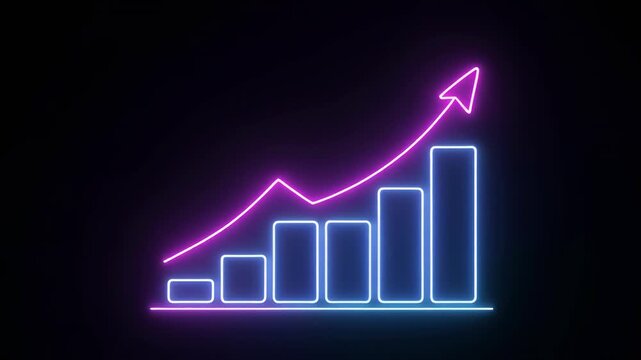 Neon bar graph animates upwards with rising arrow in dark space during financial growth concept