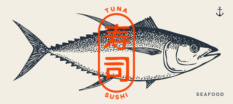 Tuna Fish, seafood, sketch. Brand identity layout features nautical emblem tuna fish. Retro typography artisanal stamp design tuna fish. Text Sushi in Japanese. Vector Illustration
