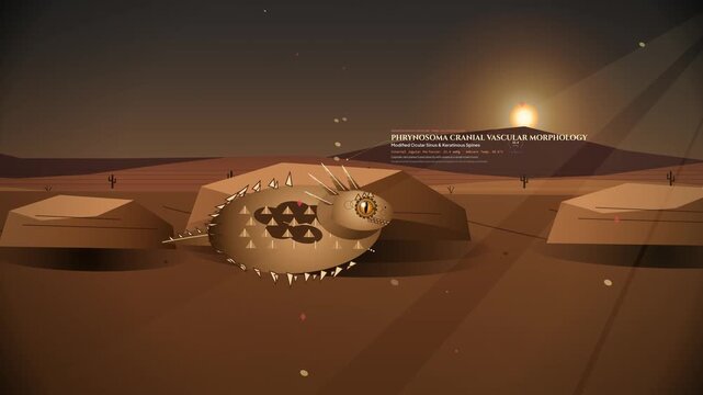 Detailed scientific animation showing the autohemorrhaging defense mechanism of a horned lizard Phrynosoma shooting a targeted squirt of blood from its ocular sinus to repel a coyote predator