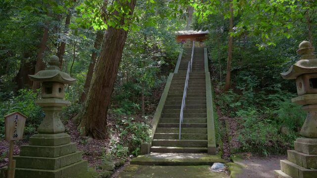 Stone Steps Leading to Iinotakamiyakouyama Shrine (Takamiya Shrine) in Ise City, Mie Prefecture in Summer with Cicada Sounds