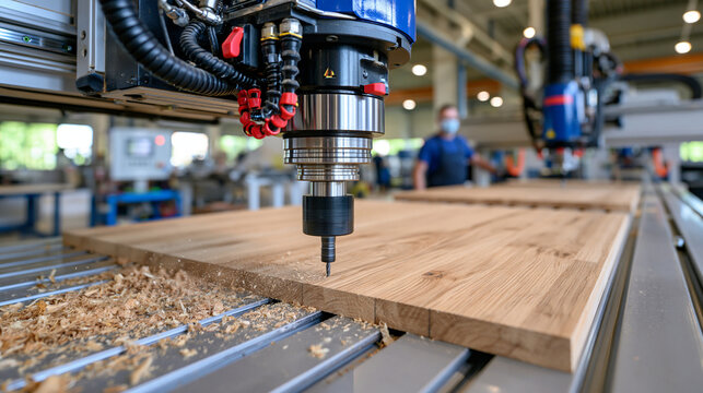 Automated CNC machines carving wooden panels in a busy furniture manufacturing factory, precision cutting heads shaping timber on a modern assembly line, wood dust particles and industrial equipment